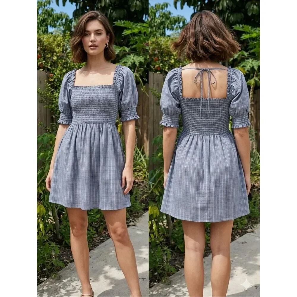 Hill House Athena Nap Dress Tai Check Plaid Smocked Puff Sleeves SZ S